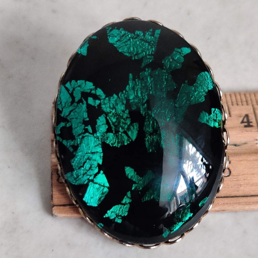 Vintage Green and Black Abstract Foil Art Glass Brooch